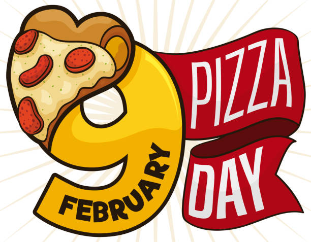 Ribbons, Date and Delicious Pepperoni Pizza to Celebrate its Day Delicious pepperoni pizza over golden number like date and greeting ribbons to celebrate a tasty Pizza Day in February 9. pizza topping stock illustrations