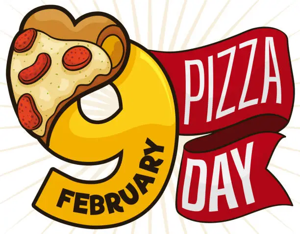 Vector illustration of Ribbons, Date and Delicious Pepperoni Pizza to Celebrate its Day