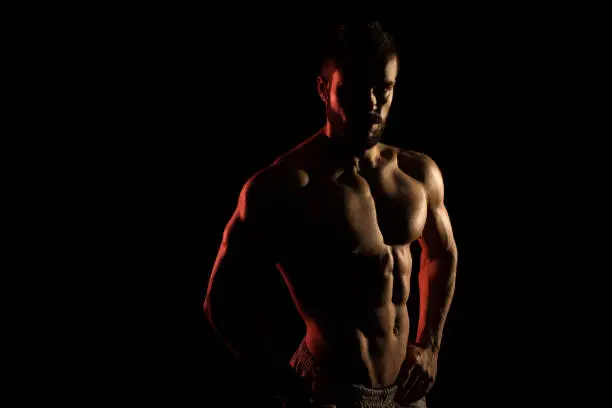 Silhouette Muscular Model Posing On Isolated On Black Background