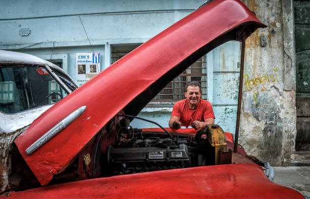 Havana, Jan 21 2016: Cuban old american car owner fixes his Chevrolet Fleetline at Centro Havana neighborhood, Cuba.