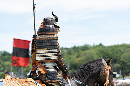 Knights in armor fights with swords. One of the knights stands on the muddy ground and the other one attacks while riding on a war horse. Castle in the background with soldier on guard.