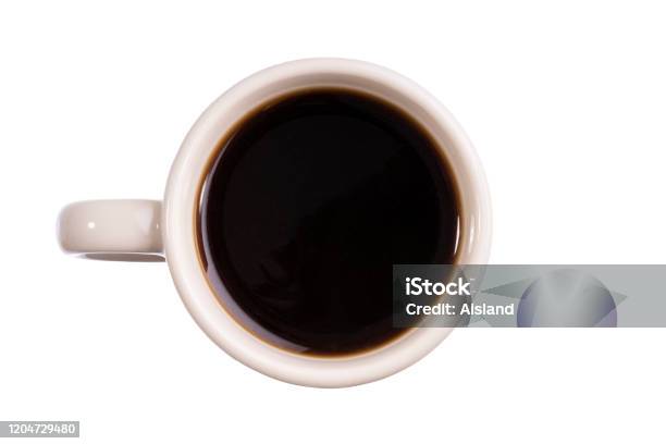 Coffee In White Cup Espresso Isolated On White Top View Close Up - Fotografias de stock e mais imagens de Top - Peça de roupa