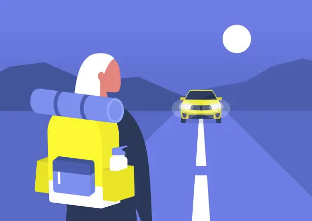 Vector illustration of Young female backpacker waiting a car to approach, hitchhiking, road trip adventures