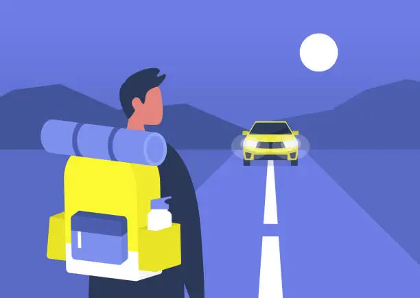Vector illustration of Young male backpacker waiting a car to approach, hitchhiking, road trip adventures
