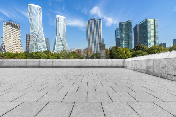 istock empty brick floor with cityscape and skyline 1204730375