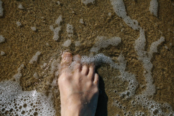istock Foot in sea water on the beach 1204731512