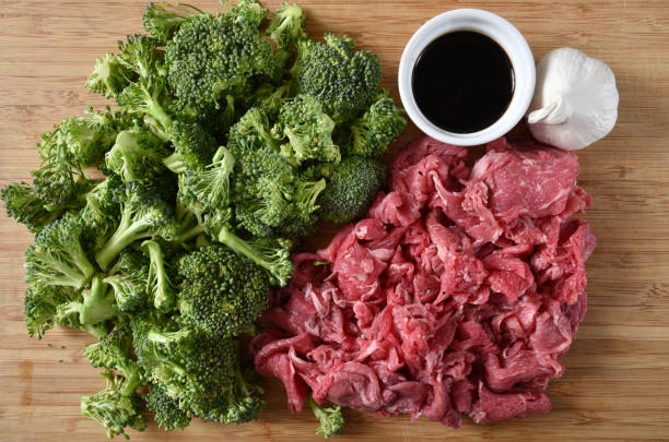 Raw shaved beef and broccoli crowns with soy sauce Overhead view of raw shaved beef and broccoli crowns with soy sauce broccoli crowns stock pictures, royalty-free photos & images