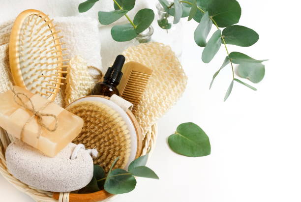 istock basket with spa and bath products zero waste with copy space on white background. Beauty skincare concept. 1204745363