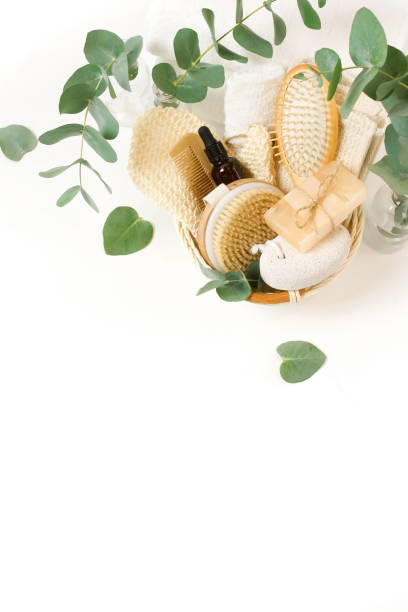 istock basket with spa and bath products zero waste with copy space on white background. Beauty skincare concept. 1204745467
