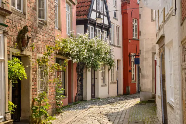 Brightly lit alleyway with old houses, cobblestone and flowers in Bremen's Altstadt