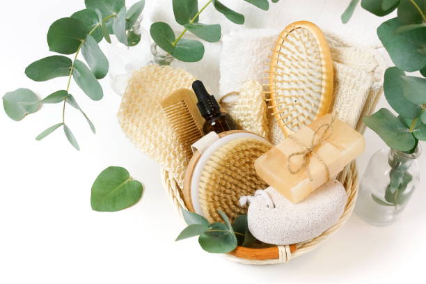 istock basket with spa and bath products zero waste with copy space on white background. Beauty skincare concept. 1204746688