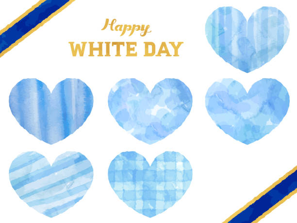 ilustraciones, imágenes clip art, dibujos animados e iconos de stock de conjunto de corazones azulclaro pintados en estilo acuarela para el día blanco japonés - ribbon powder blue isolated on white isolated