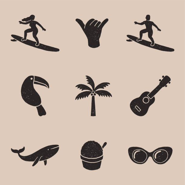 vintage tropischen ikonen - surfing men hawaii islands wave stock-grafiken, -clipart, -cartoons und -symbole