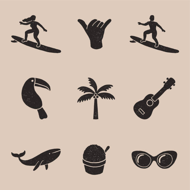 illustrations, cliparts, dessins animés et icônes de icônes tropicales de cru - surfing men hawaii islands wave