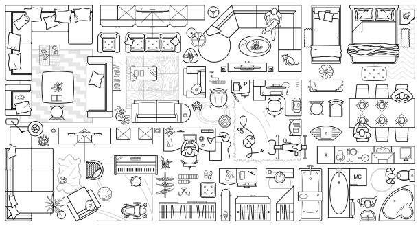 Set top view for interior icon design. Floor plan. Architecture plan with furniture in top view. The layout of the apartment, technical drawing  kitchen, living room and bedroom. Vector Illustration. Floor plan icons set for design interior and architectural project (view from above). Furniture thin line icon in top view for layout. Blueprint apartment. Vector floor plan illustrations stock illustrations