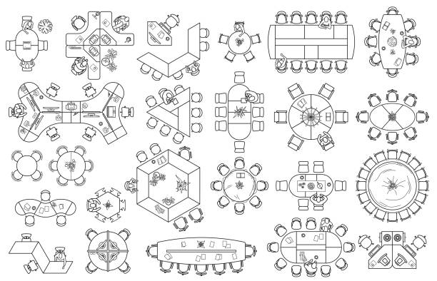 ilustraciones, imágenes clip art, dibujos animados e iconos de stock de plano de planta de oficina o gabinete en vista superior. escritorios (mesa de trabajo), sillas, ordenadores, recepción y otro sistema modular de equipos de oficina. iconos de muebles a la vista desde arriba. vector - hotel reception symbol chair domestic room