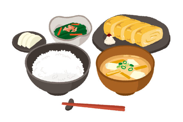 Omelet Japanese breakfast Japanese style breakfast omelet and miso soup meal illustrations stock illustrations