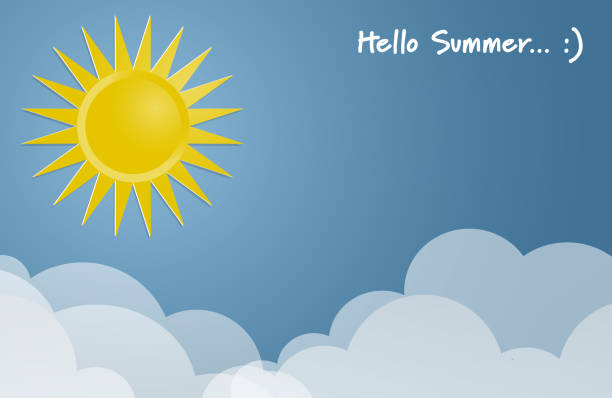 istock Shiny sun and clouds in the blue sky with in paper art style with Hello Summer text. Vector illustration 1204750910
