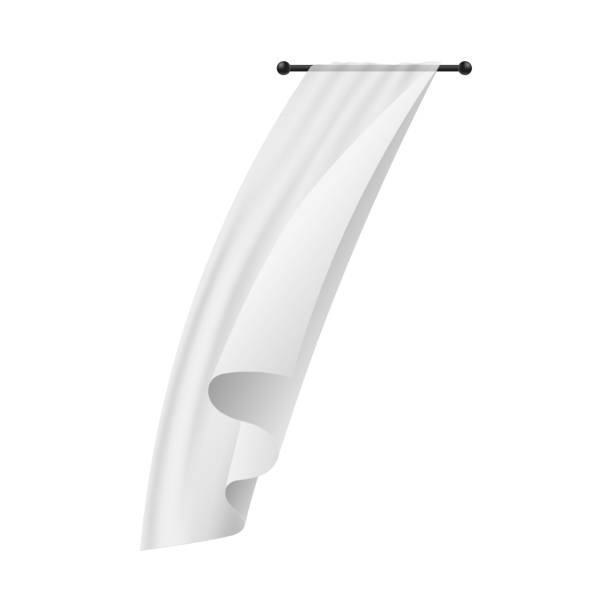 istock White curtain blowing in the wind - light piece of fabric hanging on black rod 1204752140