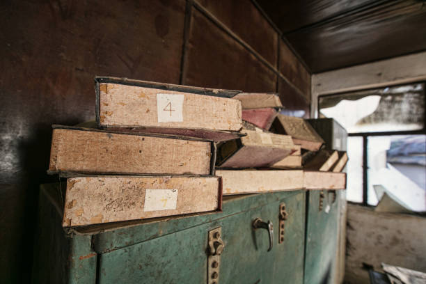istock Room in Abandoned factory,  old paper folders on safe 1204752872
