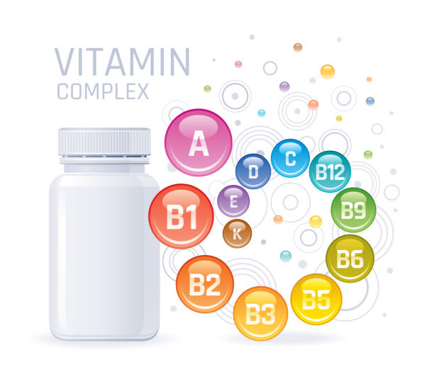 ilustrações de stock, clip art, desenhos animados e ícones de multi vitamin complex supplement. 3d mockup with empty bottle vitamins a, b1, b2, b3, b5, b6, b9, b12, c, d, e, k. trendy health realistic multivitamin complex poster. isolated on white background. - suplemento nutricional