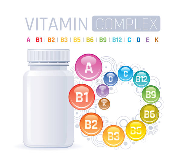 stockillustraties, clipart, cartoons en iconen met multi vitamine complex supplement. 3d mockup met lege fles vitaminen a, b1, b2, b3, b5, b6, b9, b12, c, d, e, k. trendy gezondheid realistische multivitamine complexe poster. geïsoleerd op witte achtergrond. - multi vitamine