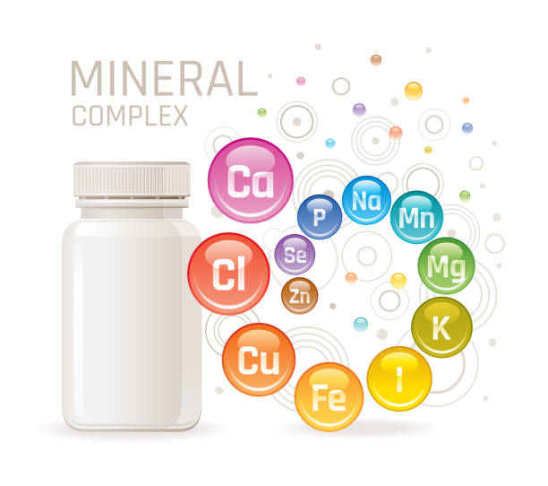 Multi mineral vitamin complex supplement. 3d mockup with empty bottle minerals. Calcium iron zinc selenium iodine magnesium. Trendy health multivitamin complex poster. Icon isolated white background Multi mineral vitamin complex supplement. 3d mockup with empty bottle minerals. Calcium iron zinc selenium iodine magnesium. Trendy health multivitamin complex poster. Icon isolated white background micronutrients stock illustrations