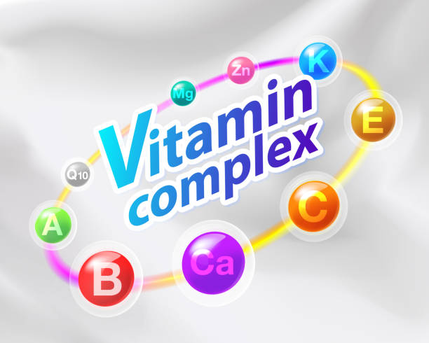 Vitamin Complex Colorful Vitamin Complex Capsule with Rainbow Ring Contains Vitamin C, Ca, B, A, E, Q10, Mg, Zn Medicines for health promotion, treatment and used as medical illustrations. zinc stock illustrations
