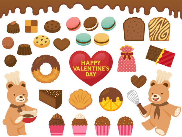 Illustration icon set of sweets making and various chocolate sweets This is an illustration icon set of Teddy bear characters making sweets and various chocolate sweets for Japanese Valentine's Day. marble cartoons stock illustrations
