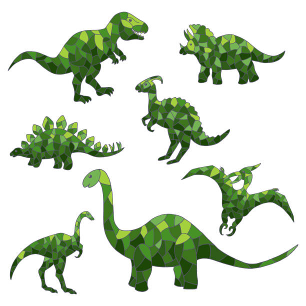 illustrazioni stock, clip art, cartoni animati e icone di tendenza di insieme vettoriale di dinosauri verdi astratti su sfondo bianco - monster set pattern green