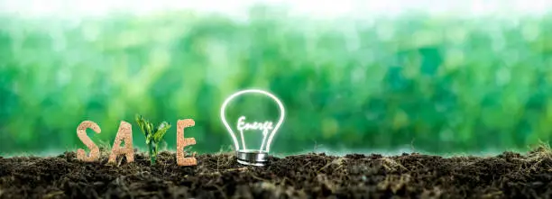 Photo of text Save with the light bulb with the energy illuminated on the ground completely. for renewable, sustainable development over blurred background. environment concept.Ecology .Energy saving concept