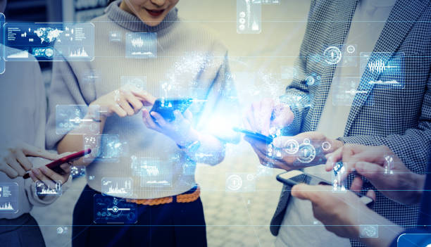 istock Mobile communication concept. Group of people using smart phones. 1204762239