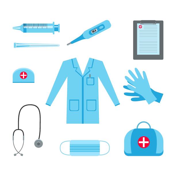 stockillustraties, clipart, cartoons en iconen met reeks vlakke geneeskundepictogrammen. spuit voor injectie, naald, medische handschoenen, masker, medische toga, pet, stethoscoop, thermometer, klembord, zak, kruissymbolen. ontwerpelementen. vectorillustratie. - flat cap