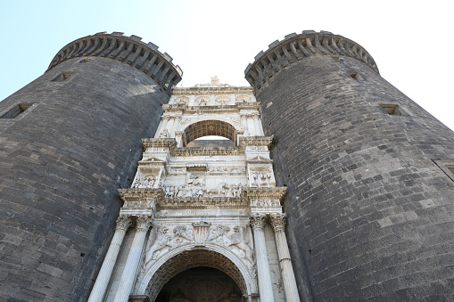 Naples, NA, Italy - August 20, 2019: Towers of New Castle Called Maschio Angioino