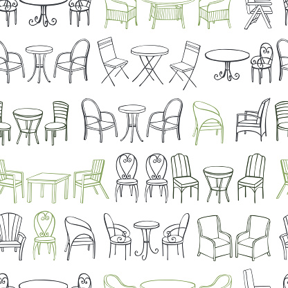 Hand drawn garden furniture.  Tables and chairs. Vector seamless pattern.