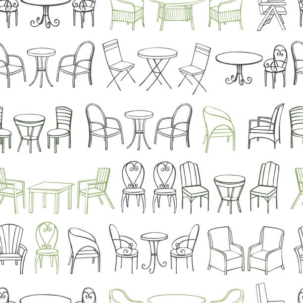 Tables and chairs. Vector seamless pattern. Hand drawn garden furniture.  Tables and chairs. Vector seamless pattern. chair illustrations stock illustrations