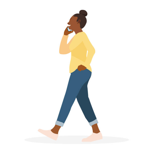 Young woman walking and calling vector illusration.Smart girl happy to talk on phone.Lady character Young woman walking and calling vector illusration.Smart girl happy to talk on phone.Lady character emo boy stock illustrations