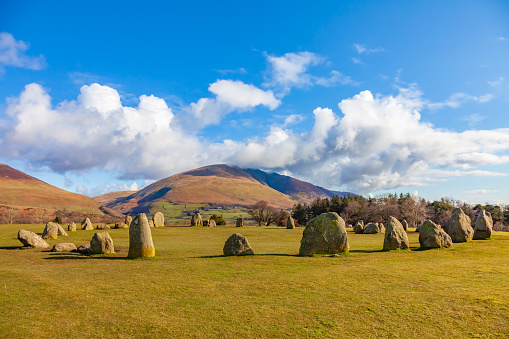 Castlerigg Stone Circle in the English Lake District, Cumbria, England with Blencathra, in the background.