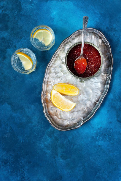 istock Vodka  with lemon and  red caviar on  color concrete background 1204781165