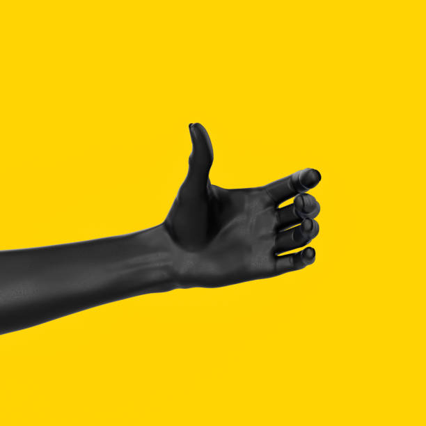 istock Black hand gesture holding something like a bottle or smartphone isolated on yellow backgrounds, 3d rendering 1204781215