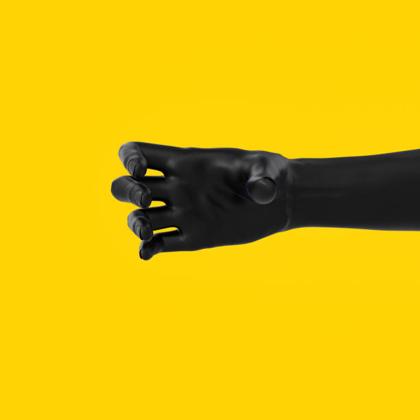 istock Black hand gesture holding something like a bottle or smartphone isolated on yellow backgrounds, 3d rendering 1204781271