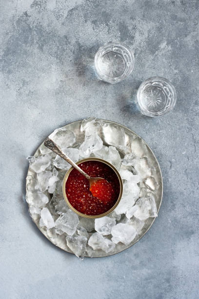 Red  salmon caviar in can on ice and  vodka on concrete background