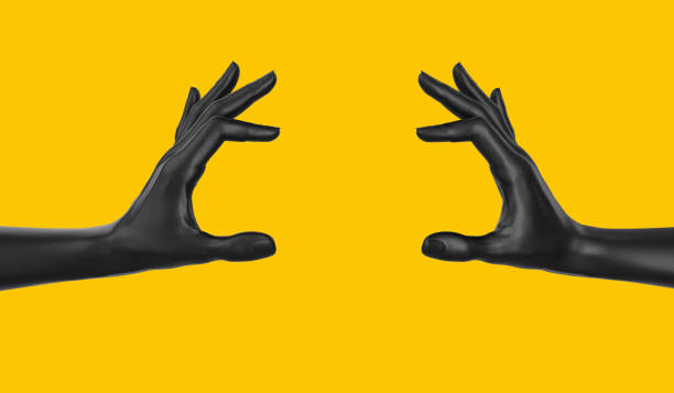 istock Empty holding food like a burger black two hand gesture concept. hand measuring isolated on yellow. 3d rendering. 1204781949