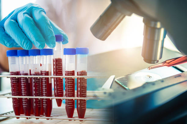 顕微鏡で実験室の試験管の血液サンプルを分析する実験室の技能者の助手。医療、医薬品、科学の研究開発コンセプト - test tube laboratory biotechnology dna ストックフォトと画像