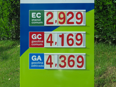 plate with fuel prices. Translation - common ethanol, common gasoline, gasoline with additives