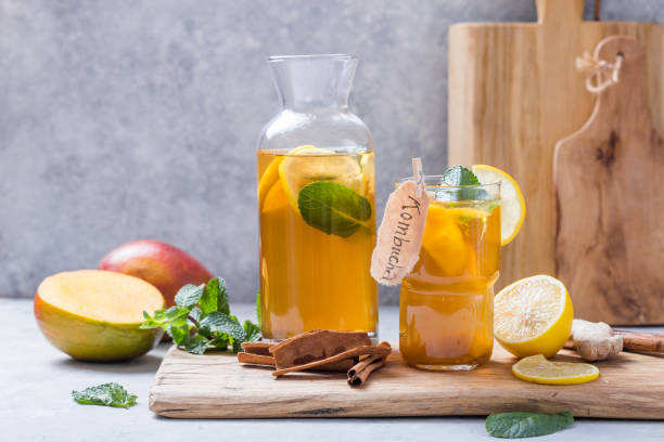 Healthy tea kombucha with lemon and cinnamon. stock photo