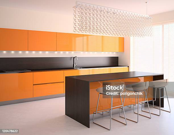 Modern Orange Kitchen Stock Photo - Download Image Now - Apartment, Chair, Color Image
