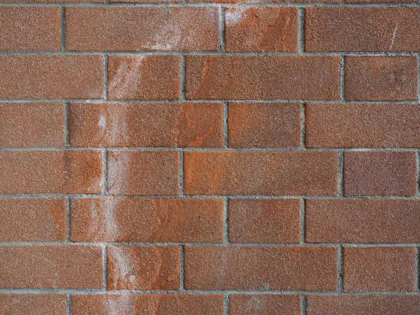 damage caused by efflorescence on a red brick wall