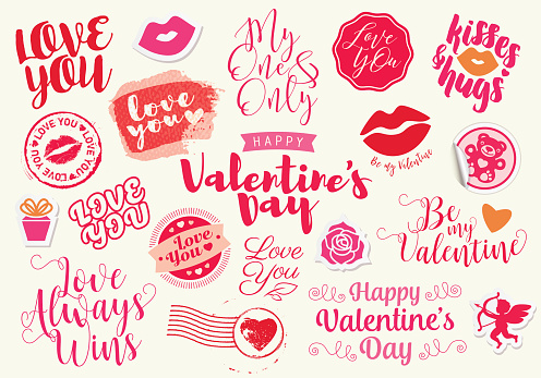 Vector assortment of lettering greetings, labels, stickers and icons for Valentine's Day.