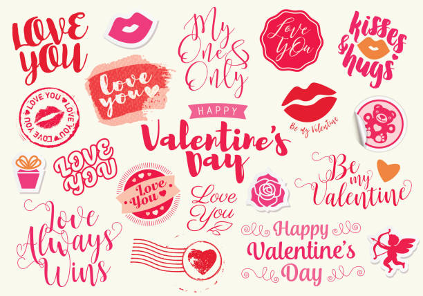 Valentine's Day lettering labels and icons Vector assortment of lettering greetings, labels, stickers and icons for Valentine's Day. lipstick kiss stock illustrations